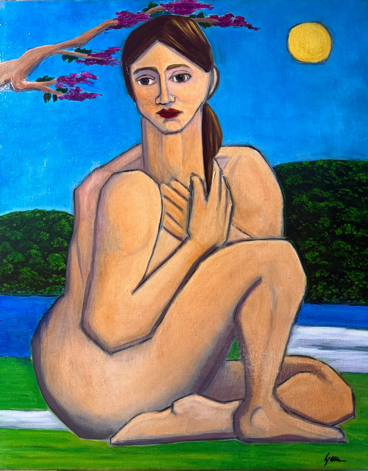 Seated Nude in Landscape, oil on canvas painting by Esteban Guerra