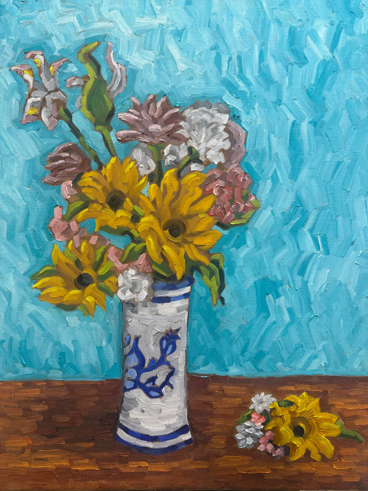 Flowers in a Blue and White Vase by Esteban Guerra, oil on canvas