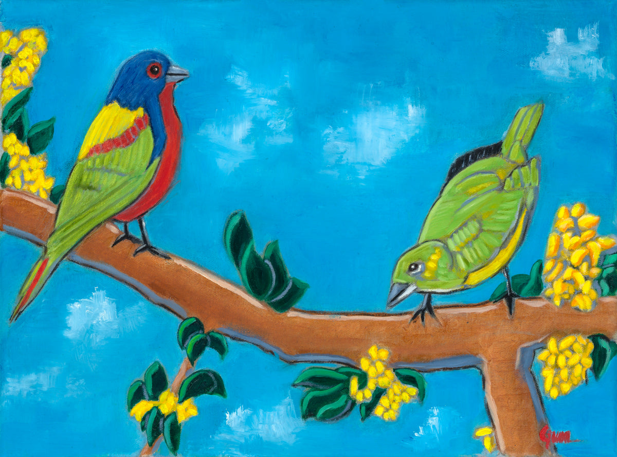 Painted Buntings by Esteban Guerra, oil on canvas