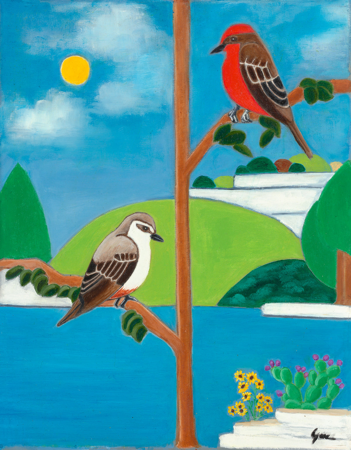 Vermilion Flycatcher and Mockingbird by Esteban Guerra, oil on canvas