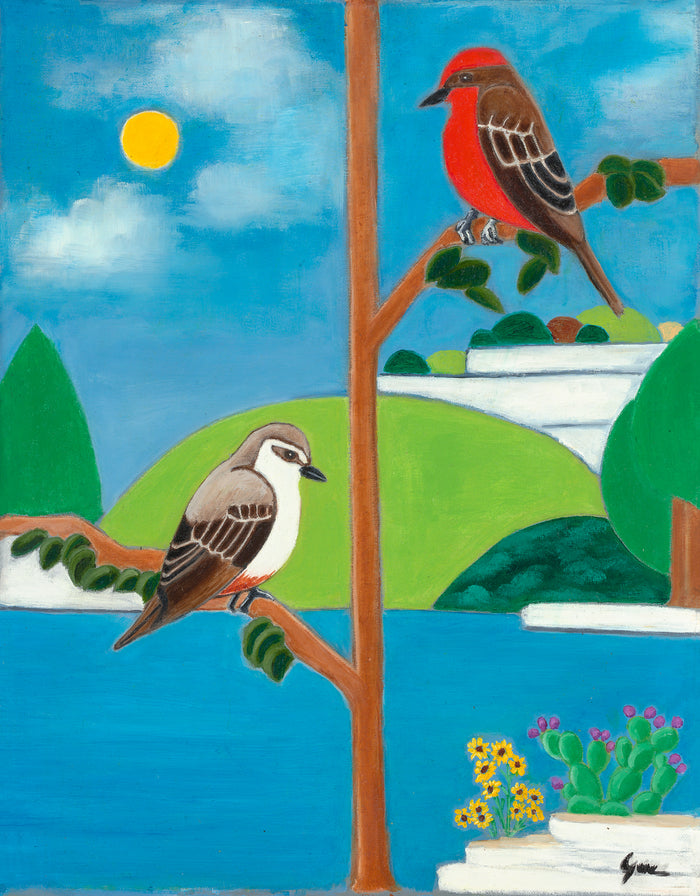 Vermilion Flycatcher and Mockingbird by Esteban Guerra, oil on canvas