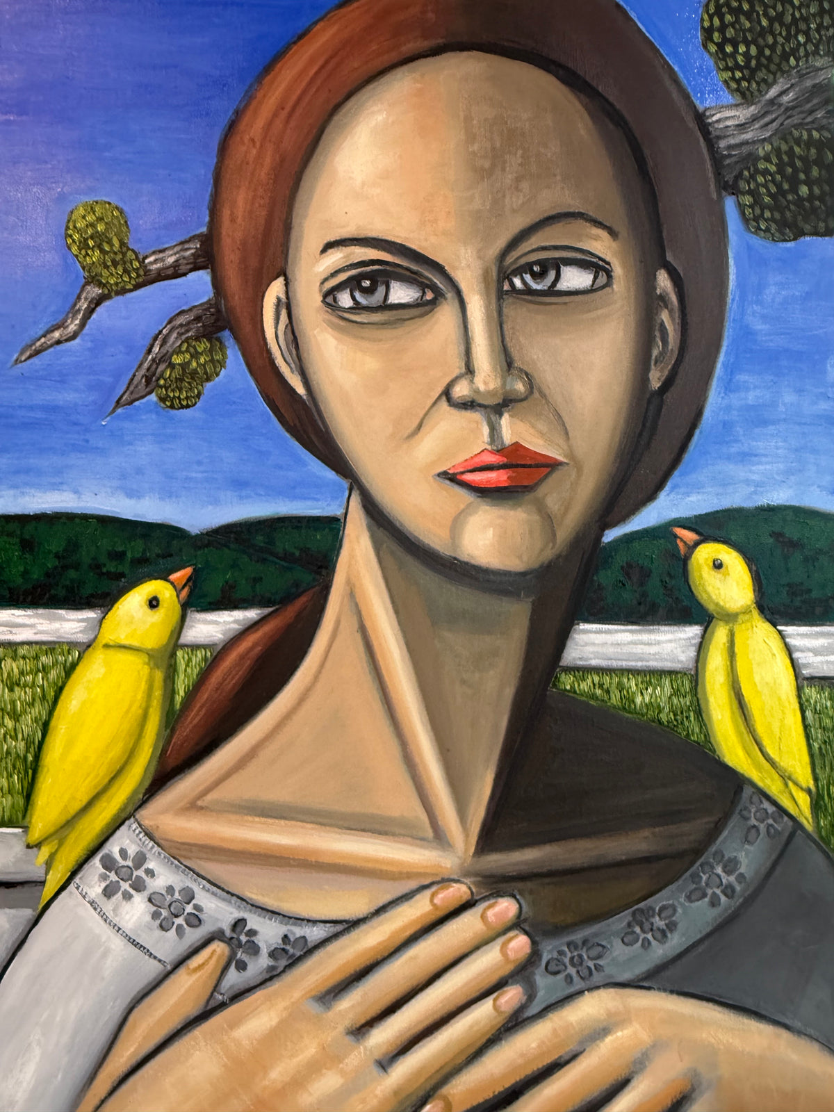 Woman with Canaries by Esteban Guerra, oil on canvas
